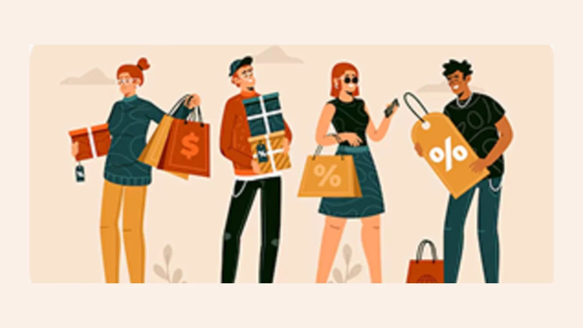 Illustration of four shoppers carrying gift bags and sale tags