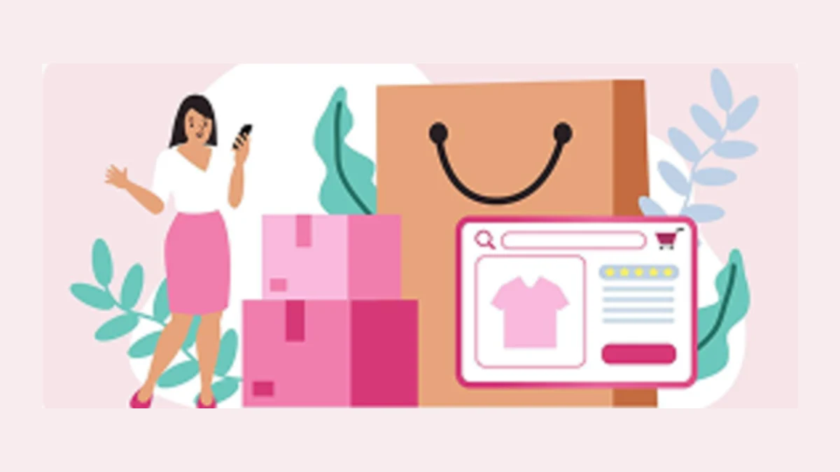 Illustration of a woman checking her phone next to shipping boxes and an online shop screen